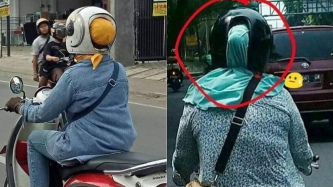 Emak-emak berhijab saat menggunakan helm.