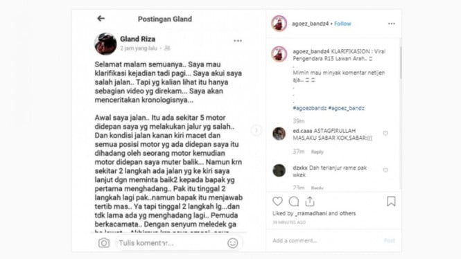 Klarifikasi Pemotor R-15 yang Lawan Arah di Palmerah