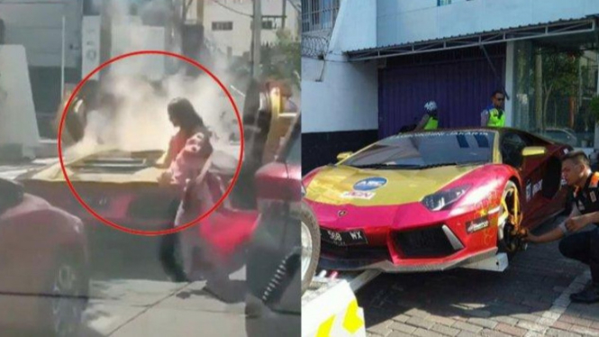 Lamborghini yang terbakar di Surabaya.