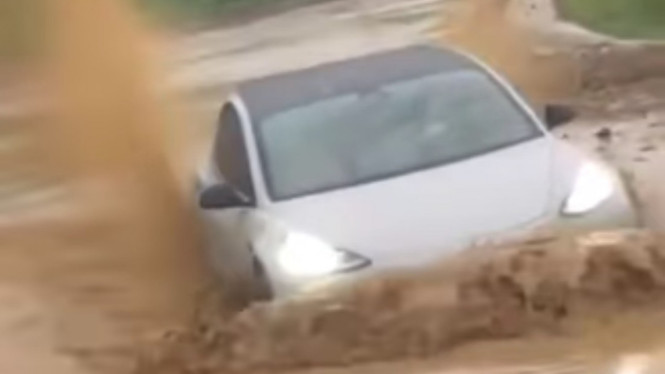 Tesla Model 3 nyebur ke lumpur