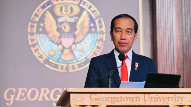 Presiden Jokowi saat beri kuliah umum di Universitas Georgetown
