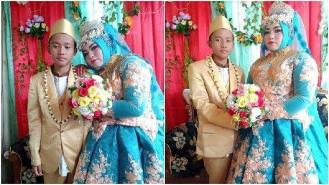 Viral Bocah 14 Tahun Menikah dengan Gadis 20 Tahun, Ini Kisah Cintanya (Foto Kolase)