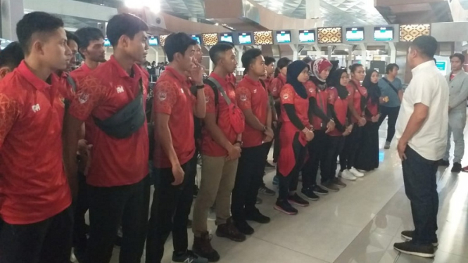 Acara pelapasan Timnas Hoki Indonesia di Bandara Soekarno-Hatta Banten