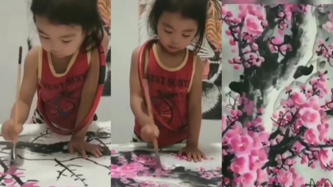 Viral, Gadis Cilik Melukis Bunga dengan Hasil yang Luar Biasa (Foto Kolase)