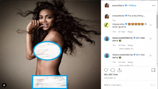 Aktris Zoe Saldana Ngamuk Saat Wajahnya Diedit ke Tubuh Telanjang (Foto Tangkap Layar Instagram @zoesaldana)