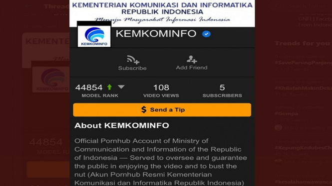 Ada Akun Kominfo di Situs Porno, Ini Kata Kementerian Kominfo (Foto Tangkap Layar Twitter)