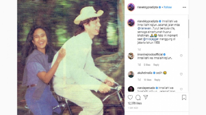 In Memoriam Ria Irawan, Ada Foto Alarhumah Berboncengan dengan Mick Jagger (Foto Tangkap Layar Instagram)