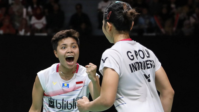 Greysia/Apriyani usai memastikan diri melaju ke babak final Indonesia Masters 2020 dengan mengalahkan Kom/Kong