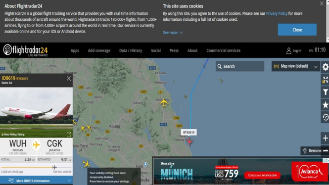 Inilah Pantauan Perjalanan Pesawat Batik AIr Penjemput WNI dari Wuhan, China (Foto Tangkap Layar Situs)