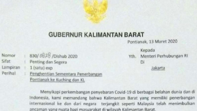 Cegah Corona, Gubernur Kalbar Minta Tutup Penerbangan Pontianak-Malaysia