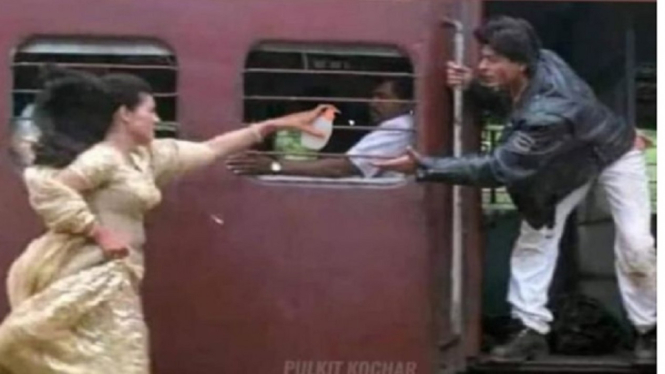 Waspada Virus Corona, Kajol Kejar Shah Rukh Khan di Kereta demi Berikan Hand Sanitizer (Foto Tangkap Layar Insta Story)