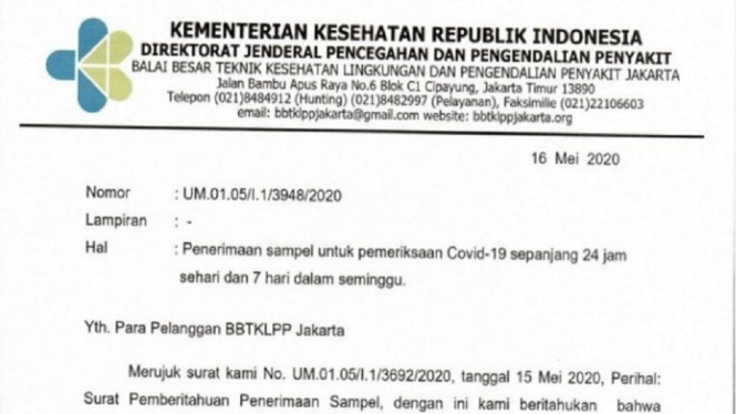 Benarkah Kemenkes Batal Liburkan Uji Spesimen Corona di Lab BBTKLPP Jakarta (Foto Twitter)