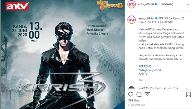 Mega Bollywood ANTV, Krrish 3. Foto Instagram @antv_official