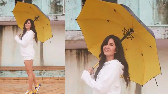 Katrina Kaif Tersenyum di Bawah Payung Saat Menyambut Hujan di Mumbai (Foto Instagram)