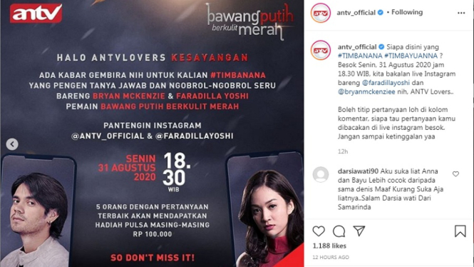 Faradilla Yoshi dan Bryan Mckenzie live IG @antv_official. (Foto Instagram @antv_official)