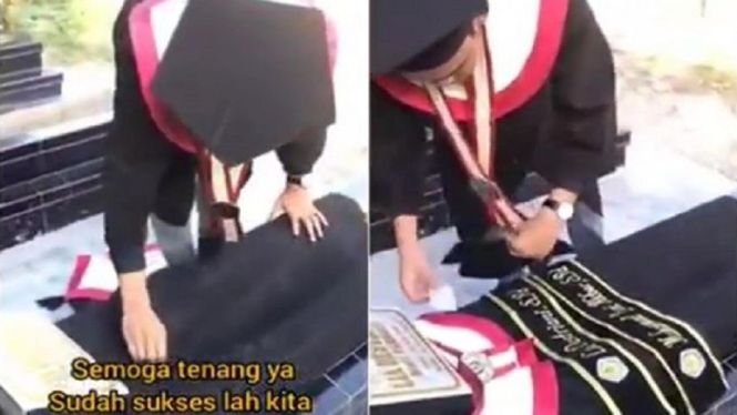 Video Viral Pria Bawa Baju Toga ke Makam Kekasih Mau Wisuda Bareng (Foto Kolase Tangkap Layar Video Instagram)