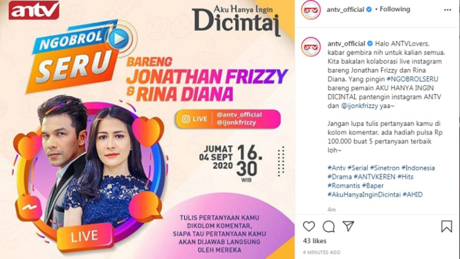Jonathan Frizzy dan Rina Diana live Instagram. (Foto Instagram @antv_official)