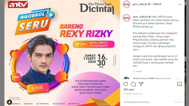 Rexy Rizky live Instagram. (Foto Instagram @antv_official)