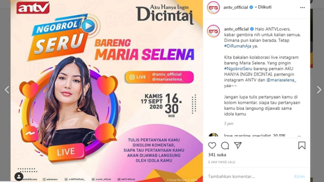 Maria Selena live Instagram. (Foto Instagram @antv_official)