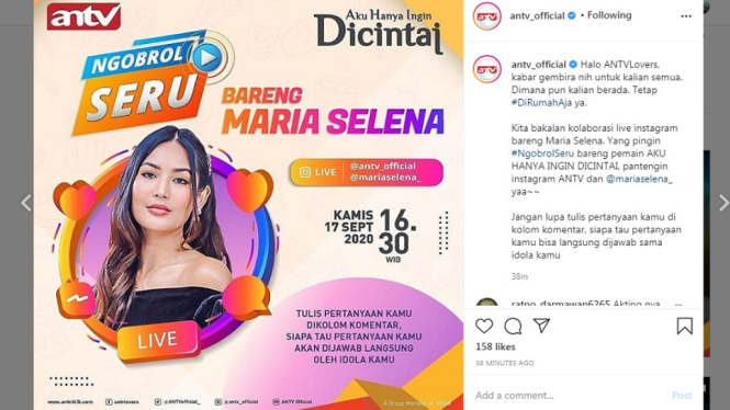 Maria Selena live Instagram Kamis (1792020) (Foto Instagram @antv_official)