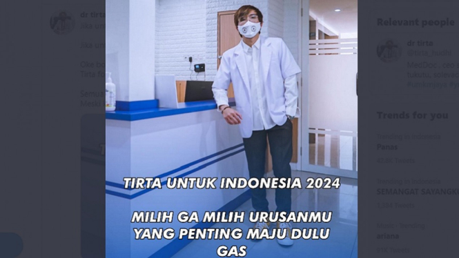 Begini Reaksi Netizen Saat dr. Tirta Umumkan Maju Jadi Presiden Indonesia 2024 (Foto Twitter)