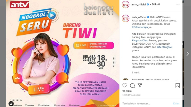 Tiwi live Instagram di akun @antv_official Selasa . (Foto Instagram @antv_official)