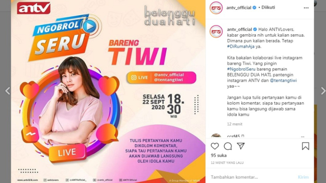 Penyanyi dan Pesinetron Tiwi live Instagram @antv_official (Foto Instagram @antv_official)