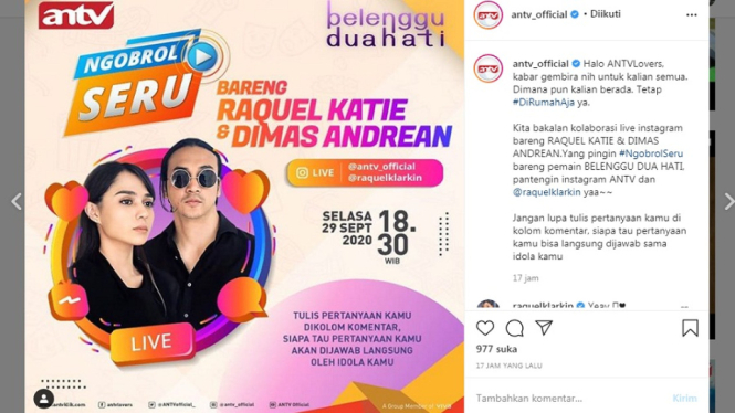 Raquel Katie dan Dimas Andrean live Instagram. (Foto Instagram @antv_official)