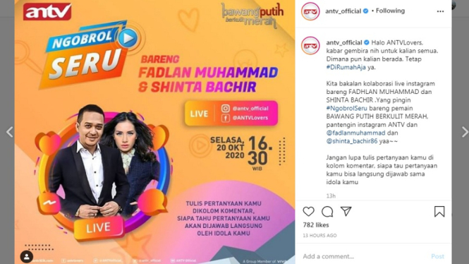 Fadlan Muhamad dan Shinta Bachir live Instagram. (Foto Instagram @antv_official)