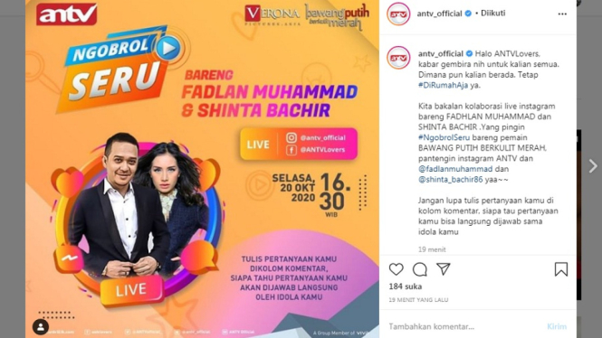 Fadlan Muhammad dan Shinta Bachir live Instagram. (Foto Instagram @antv_official)