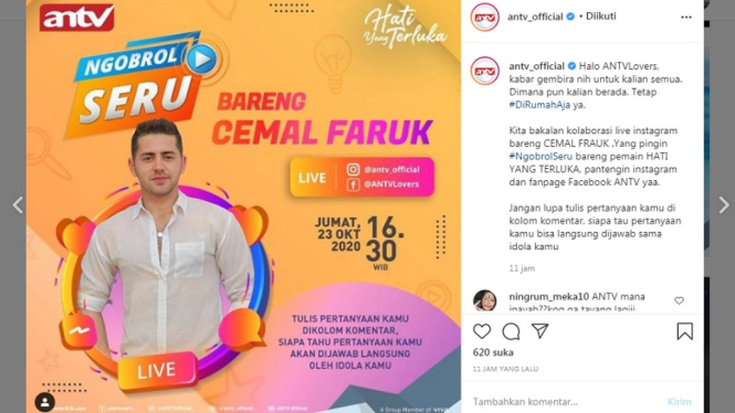 Cemal Faruk live Instagram dan Facebook Jumat 23102020. (Foto Instagram @antv_official)