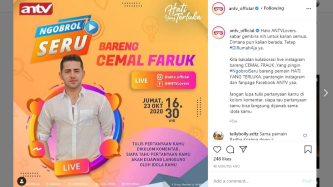 Cemal Faruk live Instagram dan Facebook. (Foto Instagram @antv_official)