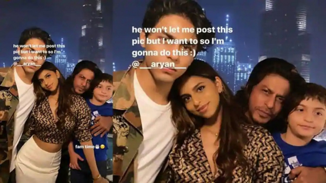 Suhana Khan Berbagi Foto Sang Adik, Aryan Khan di Pesta Ultah Ayahnya di Dhubai (Foto Kolase Insta Story)