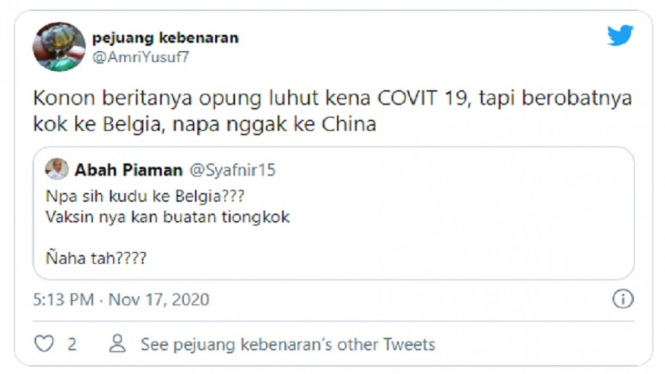 Hoaks Luhut Pandjaitan Berobat ke Belgia karena Positif Covid-19, Ini Faktanya (Foto Tangkap Layar Twitter)