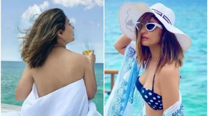 Aktris Seksi Bollywood Hina Khan Berpose dengan Selimut dan Bikini di Maladewa (Foto Kolase)