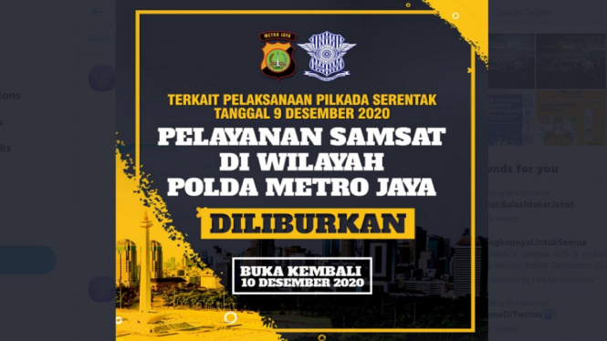 Ada Pilkada 2020 Serentak, Pelayanan Samsat di Wilayah Polda Metro Jaya Diliburkan (Foto Twitter)