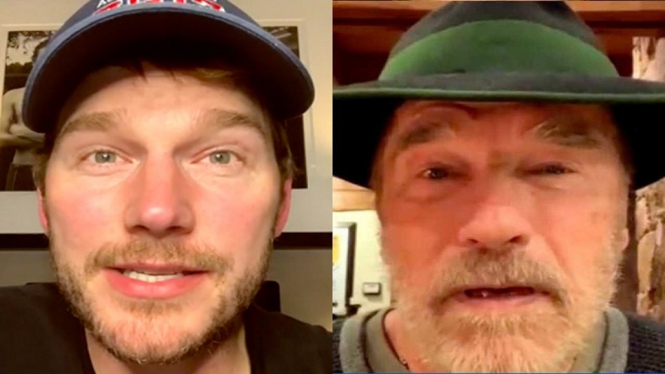 Chris Pratt dan Arnold Schwarzenegger Saat Live Instagram (Foto: Ace Showbiz)