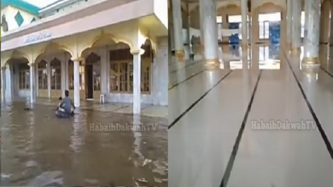 Inilah Video Penampakan Masjid Keramat yang Tidak Kemasukan Air saat Banjir (Foto Kolase)