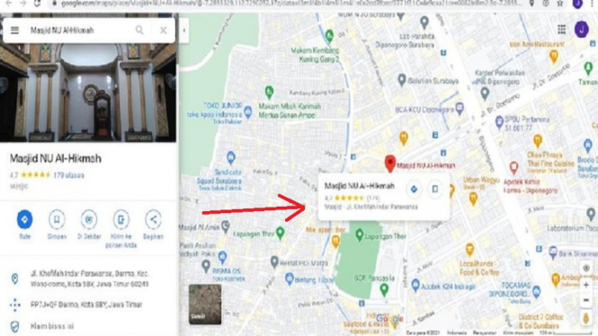 Lagi, Google Map Bikin Geger, Nama Khofifah Sempat Muncul Sebagai Nama Jalan di Surabaya (Foto Tangkap Layar Google Map)