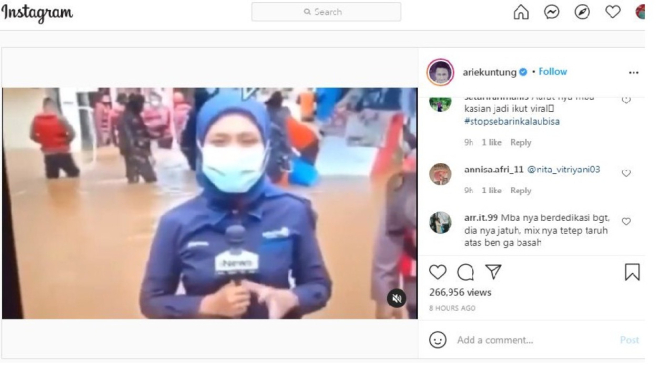 (Tangkap layar Instagram reporter ketiban perahu karet/ Instagram: @ariekuntung)