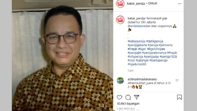 Persija Juara Piala Menpora 2021, Anies Baswedan Sampaikan Selamat dan Bangga (Foto Instagram)