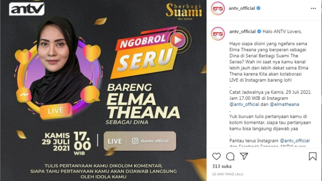 Elma Theana live Instagram ANTV. (Foto: Instagram @antv_official)