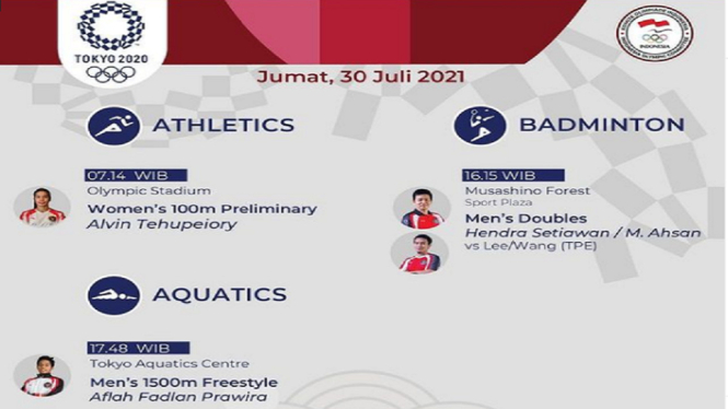 Jadwal Atlet Indonesia di Olympiade Tokyo Jum'at 30 Juli 2021