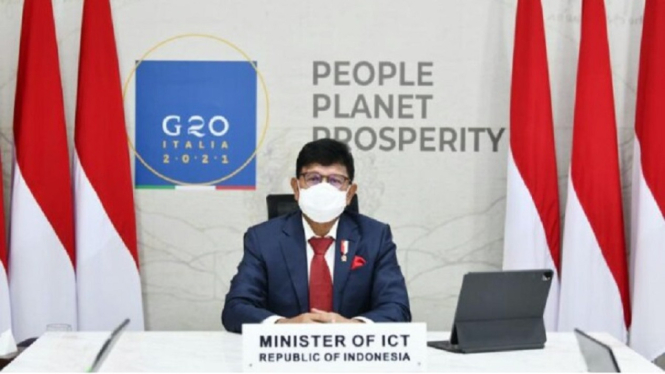 Menkominfo Johnny G. Plate Sesi Pertama Pertemuan Tingkat Menteri G20 Bidang Digital Kamis 5-8-2021