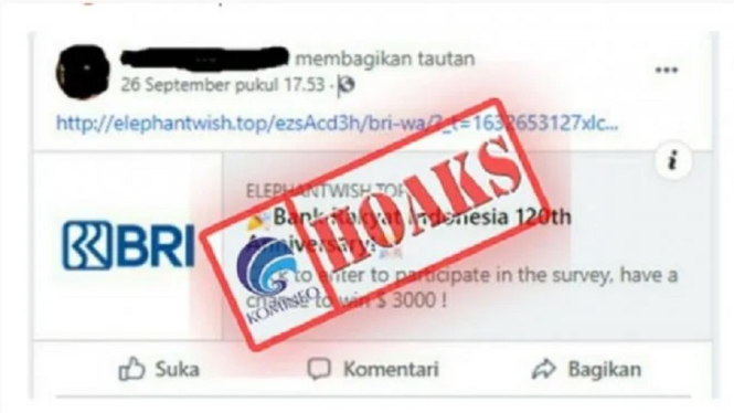 Beredar Kabar BRI Berikan Hadiah 3.000 Juta Dolar Amerika Serikat, Ini Faktanya (Foto Tangkap Layar)