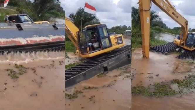 Video Viral, Detik-detik Ekskavator Terbalik di Rawa