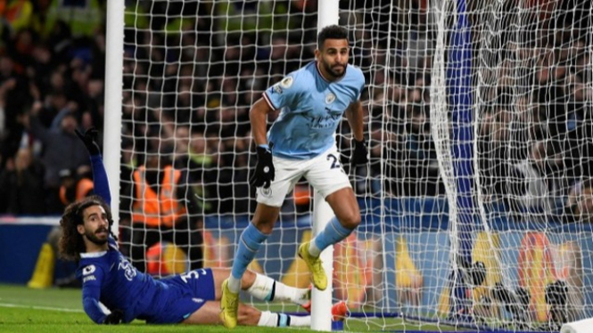Selebrasi Riyad Mahrez dalam laga Chelsea vs Manchester City