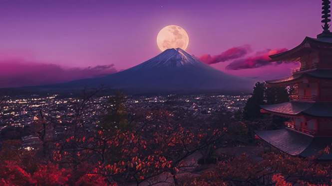 Heboh Penampakan Bulan Purnama di Gunung Fujiyama
