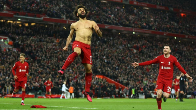 Mo Salah melakukan selebrasi gol Liverpool