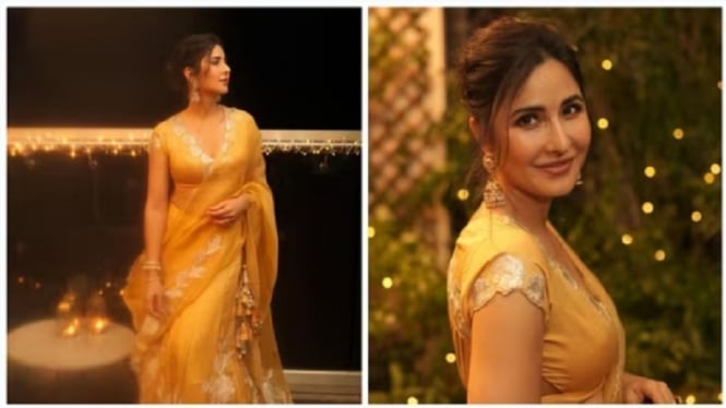 Foto Memesona Katrina Kaif dengan Busana Nuansa Emas yang Halus Pada Perayaan Diwali di Rumahnya